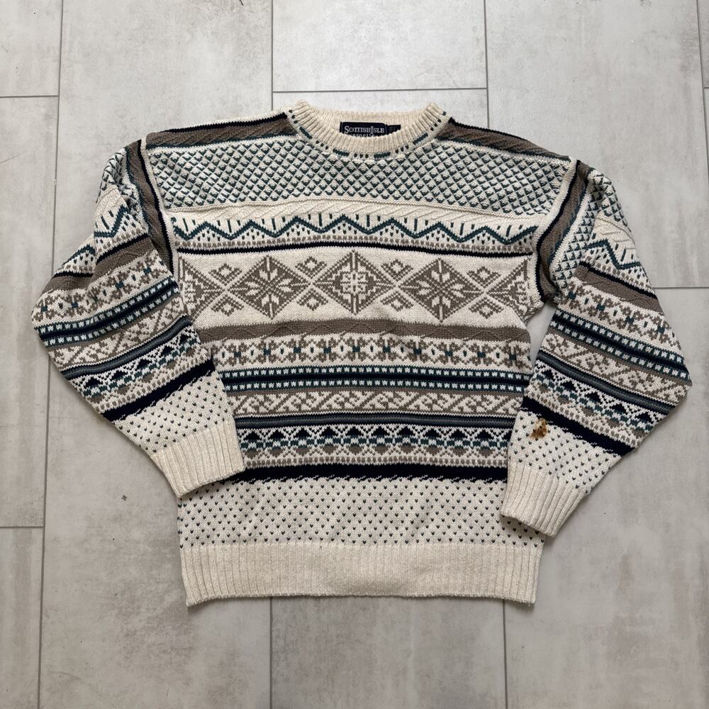 Vintage Scottish Isle Tag Knit Sweatshirt Pullover Bernette AOP 80s Medium
